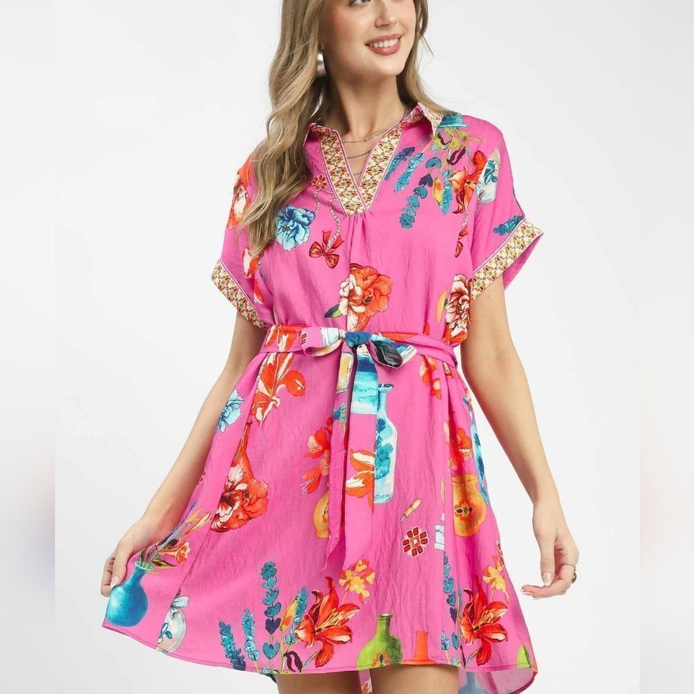 Umgee Women's Casual Mini Dress with Belt Vibrant Pink Floral Sz Small [4]